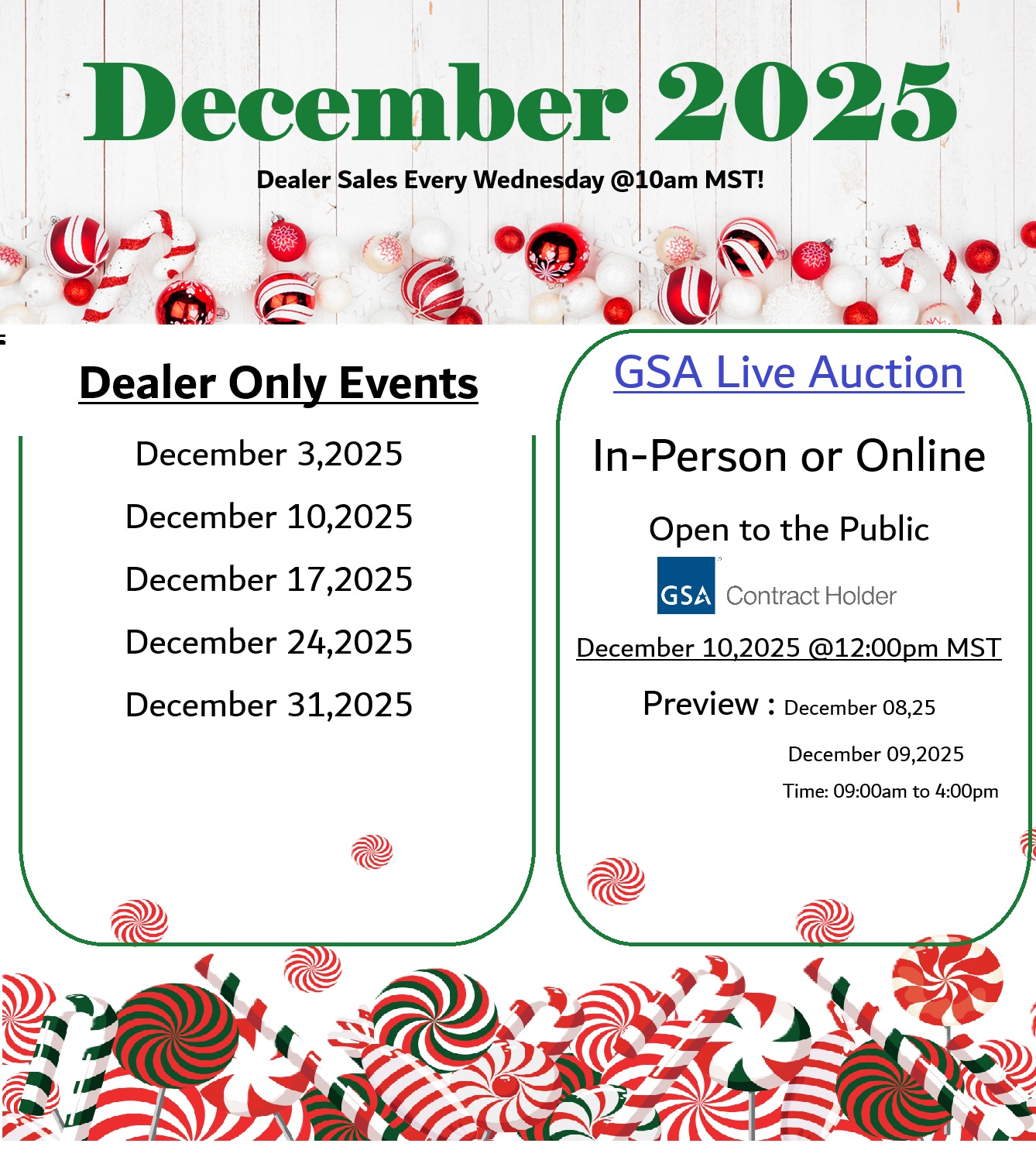 Christmas bottom border banner with red and white ornaments. Top view on a white wood background with copy space.